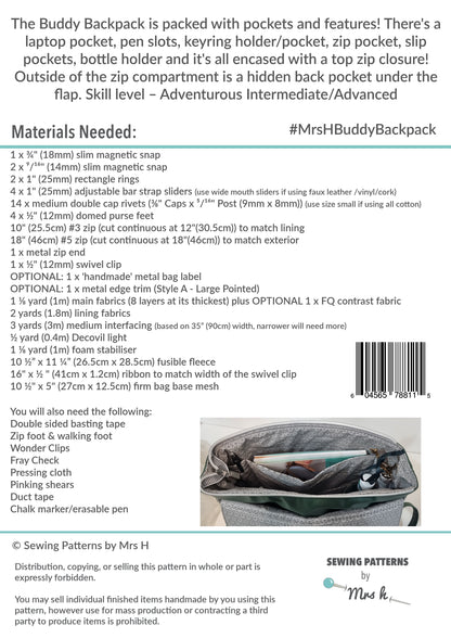 Buddy Backpack PDF Sewing Pattern  back cover