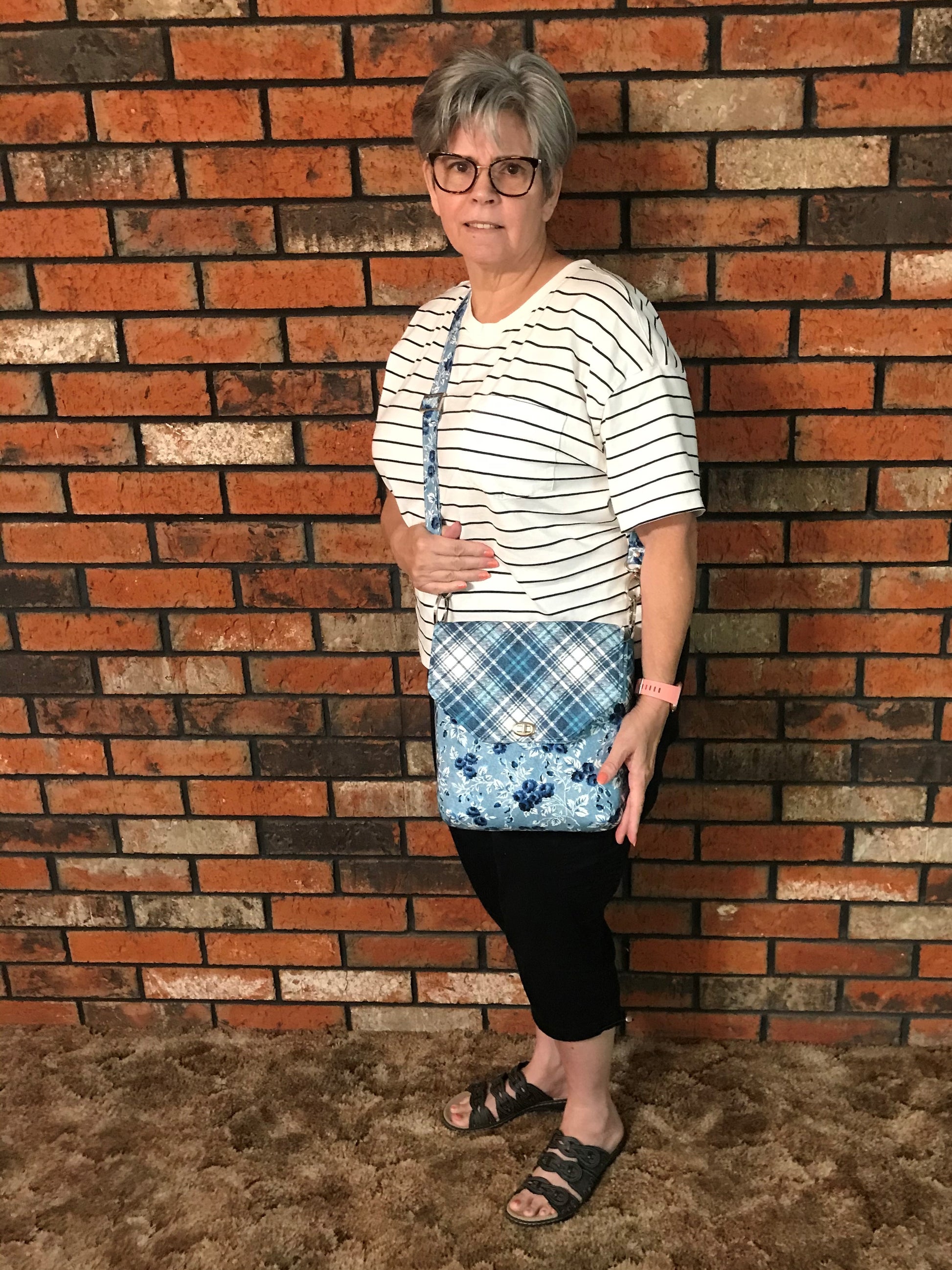 Button Lock Bag PDF Sewing Pattern made by Laura Wadman floral and check fabric