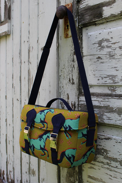  Camille Camera Bag Sewing Pattern  made by Jennifer Greene horse fabric