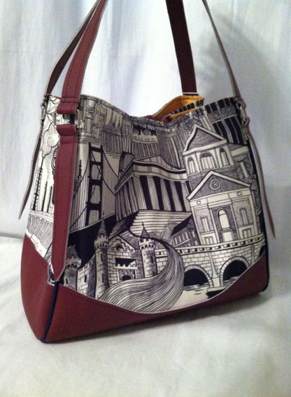 Charlotte City Tote Sewing pattern, red, black and white contrast made by Sandra