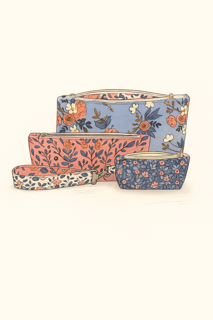 Set of floral-patterned pouches and a keyring on a white background