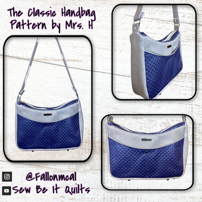 Classic Handbag PDF Sewing Pattern made by Fallon Caldwell blue and white fabric