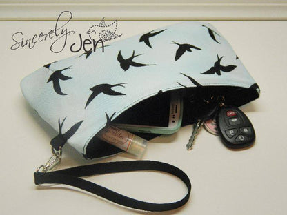  Coraline Clutch Sewing pattern  bird fabric made by Sincerely Jen 