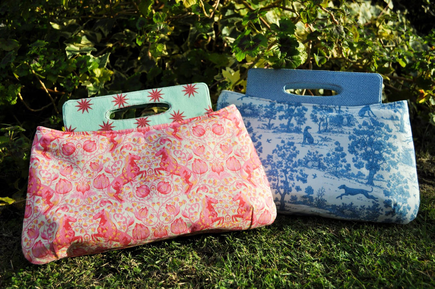  Coraline Clutch Sewing pattern  pink and blue fabric