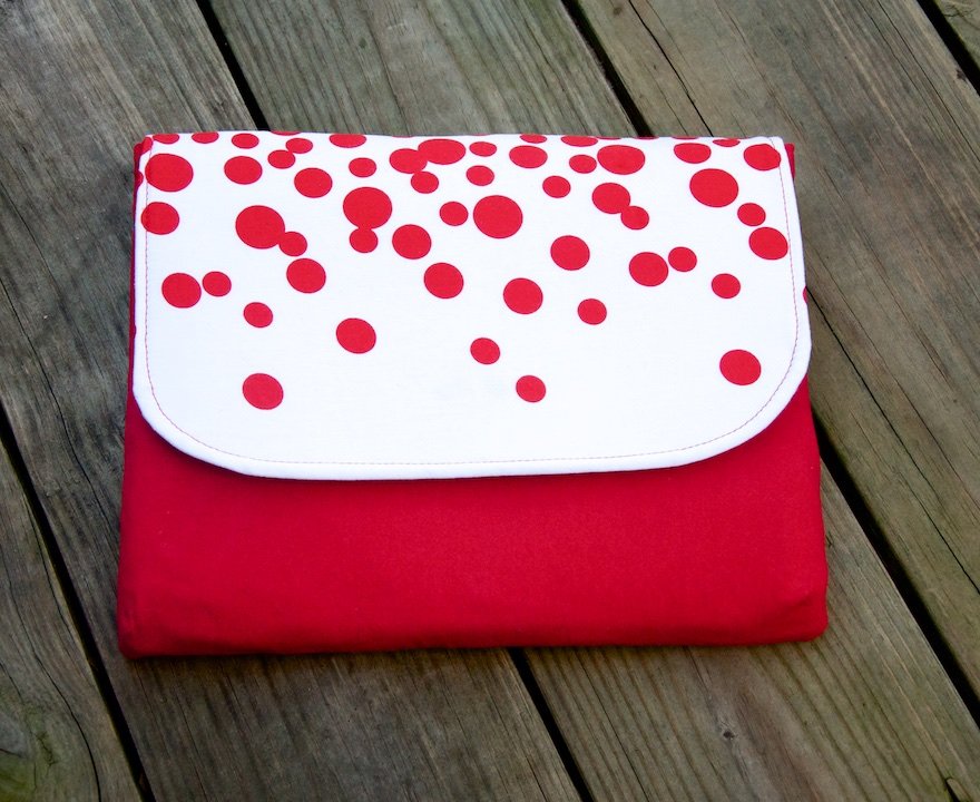 Dakota Tablet Clutch sewing pattern  red fabric with spotty flap