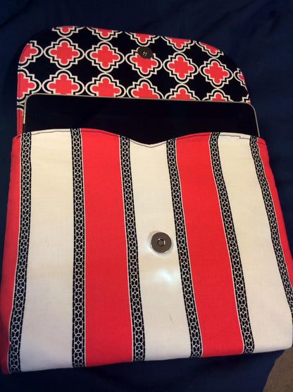 Dakota Tablet Clutch sewing pattern  striped and geometric fabric open view