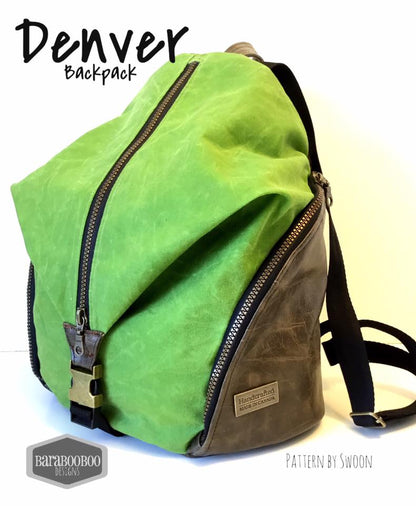 Denver Backpack sewing pattern  made by Michelle Wilkinson Tripp green and brown fabric