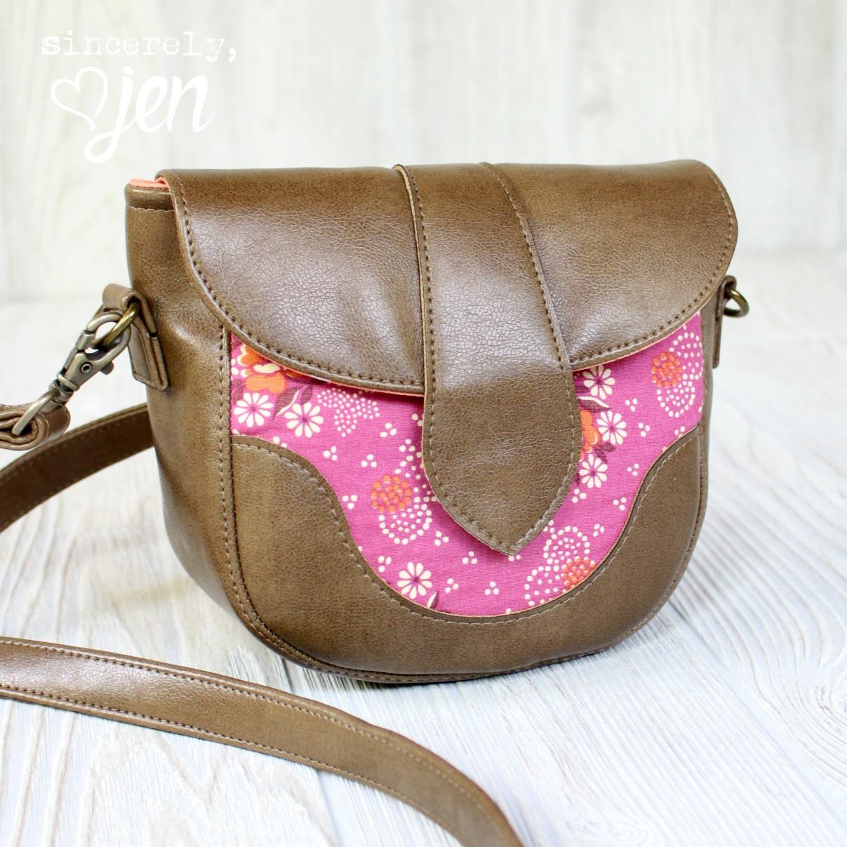 Dollie Mini Crossbody Sewing Pattern  made by Jennifer Greene floral fabric with tan contrast