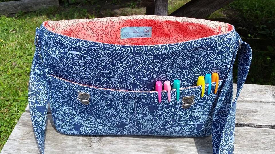  Dorian Messenger bag sewing pattern  blue fabric interior view