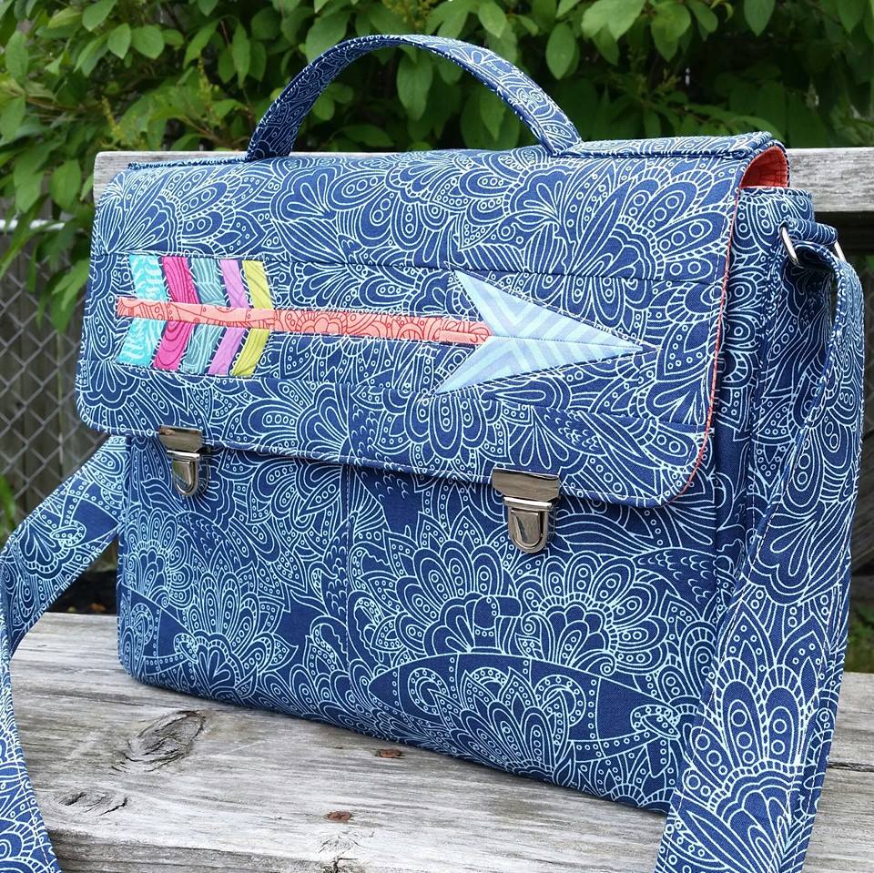  Dorian Messenger bag sewing pattern  blue fabric with arrow detail