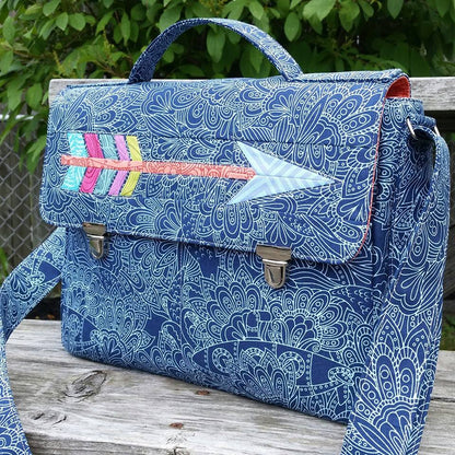  Dorian Messenger bag sewing pattern  blue fabric with arrow detail