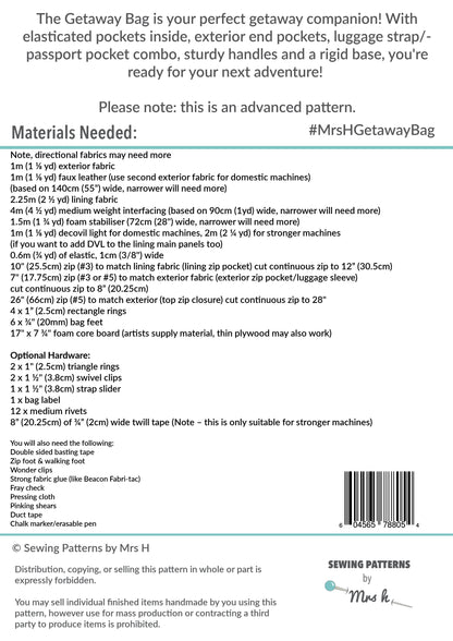 Getaway Bag Paper Sewing Pattern Back Cover