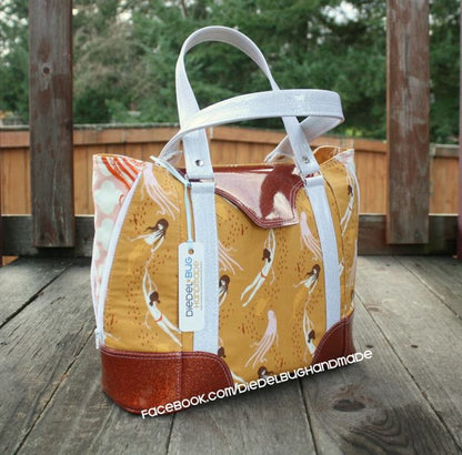 Harriet Expandable Tote Sewing Pattern  made by Diedel Bug Handmade yellow print fabric