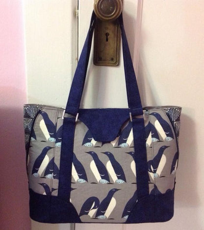 Harriet Expandable Tote Sewing Pattern  made by Elizabeth Bolton penguin fabric