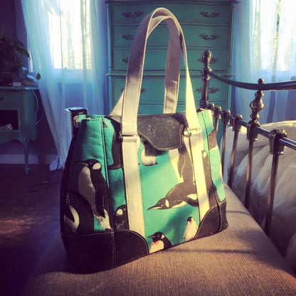 Harriet Expandable Tote Sewing Pattern  penguin fabric front view