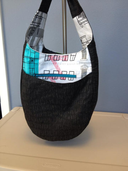 India Hobo Bag sewing pattern black fabric with contrast panel