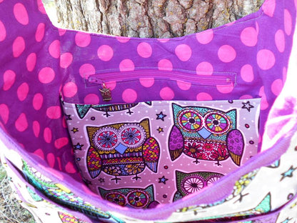 India Hobo Bag sewing pattern owl fabric