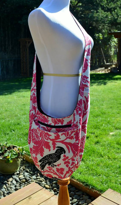 India Hobo Bag sewing pattern pink fabric with bird detail