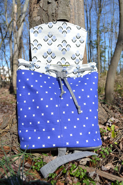 Lucy Backpack Sewing Pattern  made by Crystal Chadwick - spotty fabric with drawstring