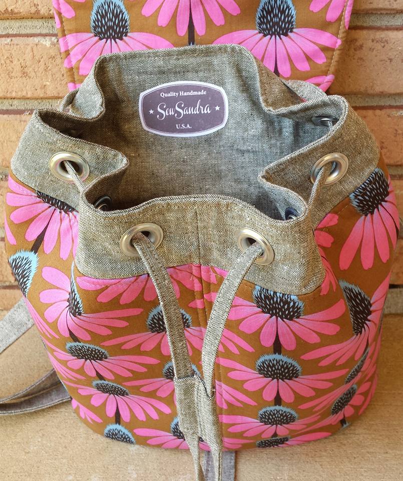 Lucy Backpack Sewing Pattern  made by Sandra Butler Sawyer - floral fabric drawstring