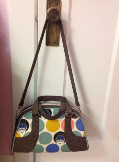 Maisie Bowler Handbag Sewing Pattern made by Elizabeth spotty fabric