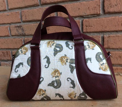Maisie Bowler Handbag Sewing Pattern made by Sandra mermaid fabric
