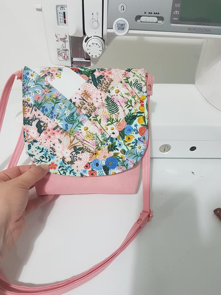 The Crossbody Bag PDF Sewing Pattern floral fabric with pink contrast 