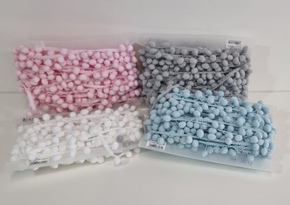 20mm pom pom trim in pink, white, grey or pale blue