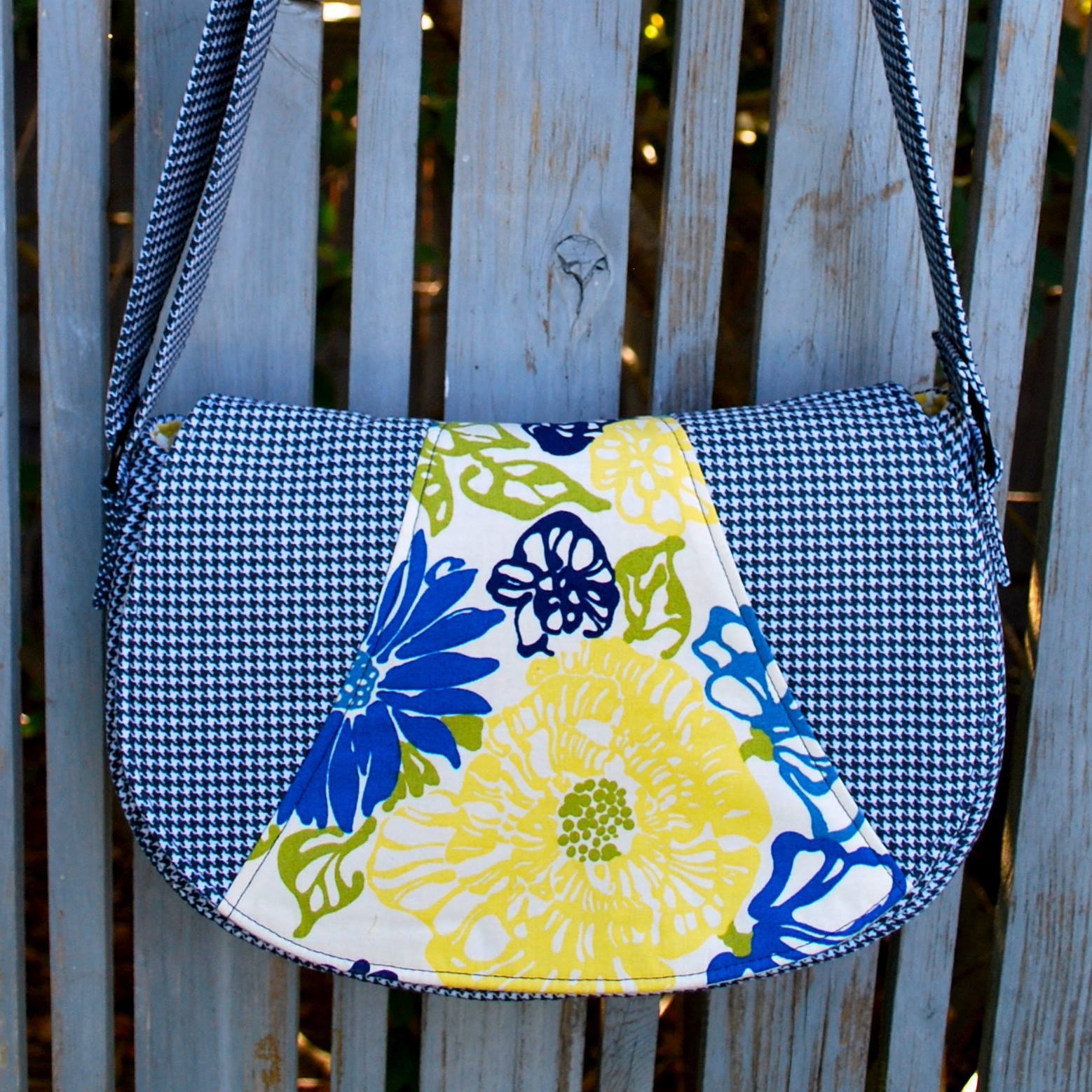 Rosie Crossbody Bag Sewing Pattern blue and yellow fabric