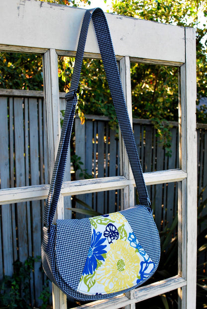 Rosie Crossbody Bag Sewing Pattern blue check and floral fabric