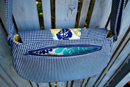 Rosie Crossbody Bag Sewing Pattern blue fabric with floral design rear zip