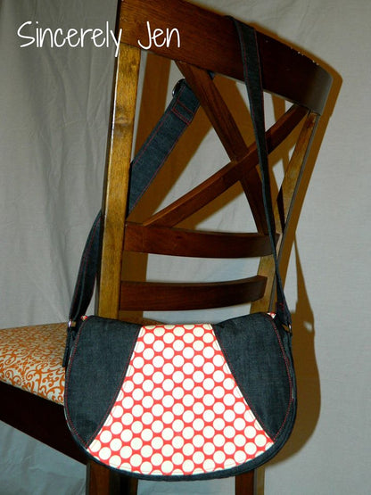 Rosie Crossbody Bag Sewing Pattern made by Sincerely Jen denim and spotty fabric