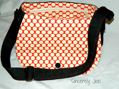 Rosie Crossbody Bag Sewing Pattern made by Sincerely Jen spotty fabric