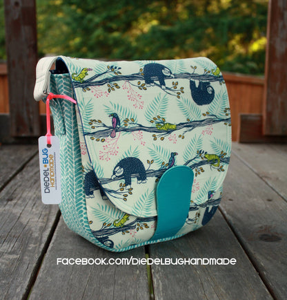 Sandra Saddle Bag Sewing Pattern made by Erin Morris sloth fabric 