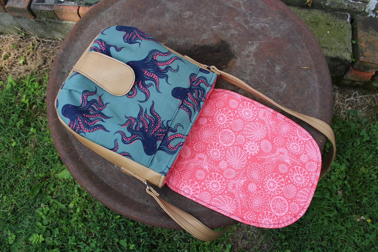 Sandra Saddle Bag Sewing Pattern made by Jennifer Greene Octopus fabric 
