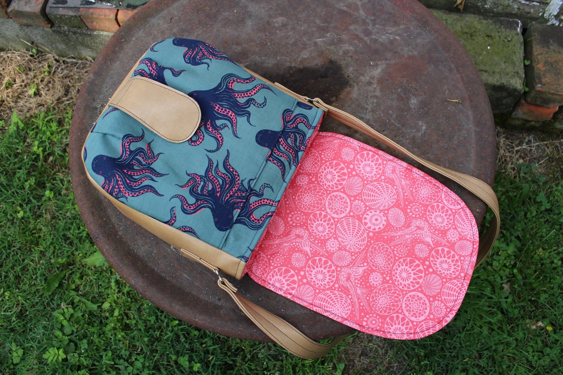 Sandra Saddle Bag Sewing Pattern made by Jennifer Greene Octopus fabric 