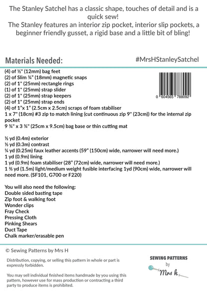 Stanley Satchel PDF Sewing Pattern Back Cover