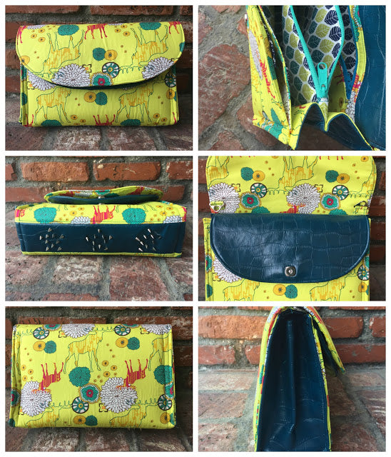 The Captivating Clutch PDF Sewing Pattern yellow fabric with blue contrast 