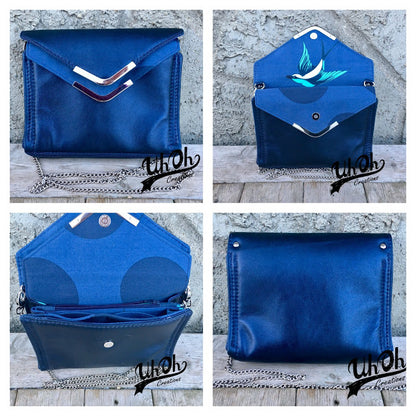 The blue fabric with bird detail interior Captivating Clutch PDF Sewing Pattern 