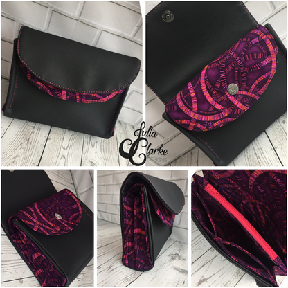 The Captivating Clutch PDF Sewing Pattern Pink and black contrast fabric 