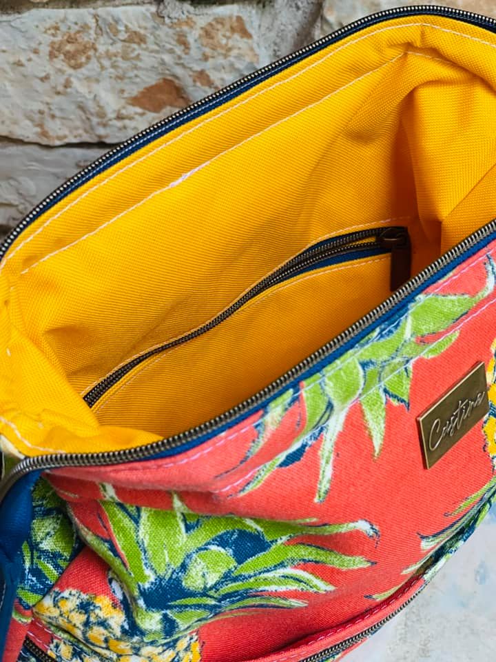 The Dainty Daytripper PDF Sewing Pattern Pineapple fabric with yellow material 