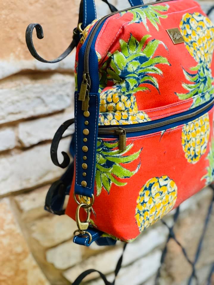 The Dainty Daytripper PDF Sewing Pattern pineapple fabric with blue contrast detailing 