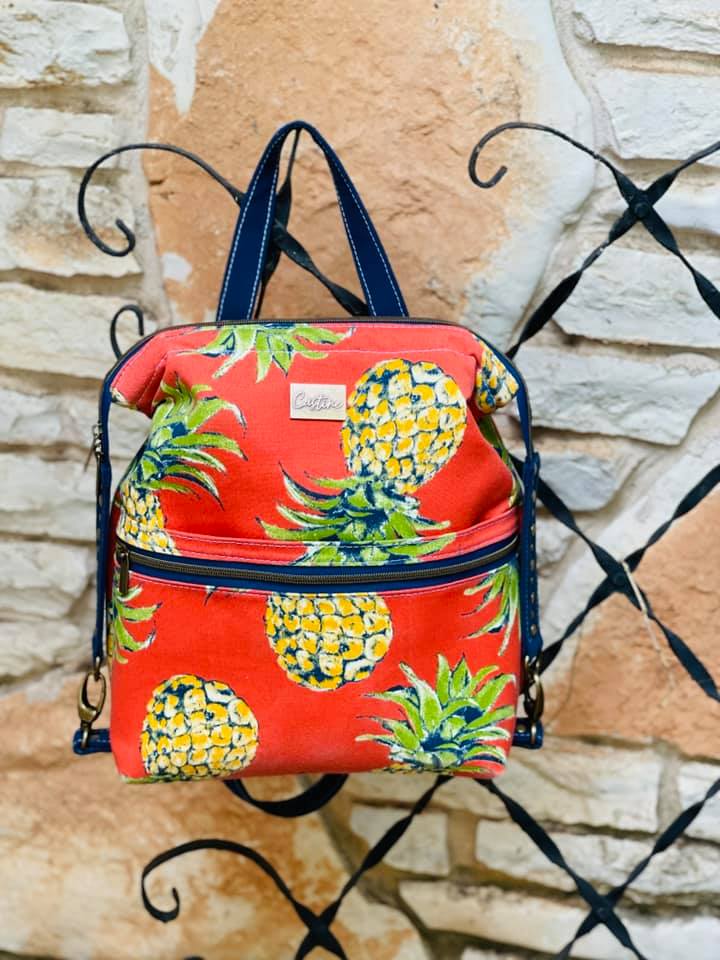 The Dainty Daytripper PDF Sewing Pattern Front of view of pineapple fabric 