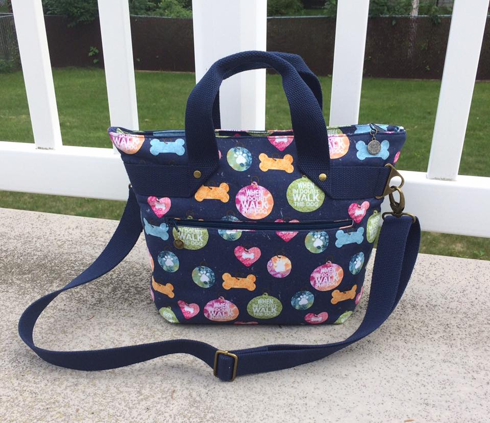 The Fiesta Tote PDF sewing Pattern Navy blue fabric with print 