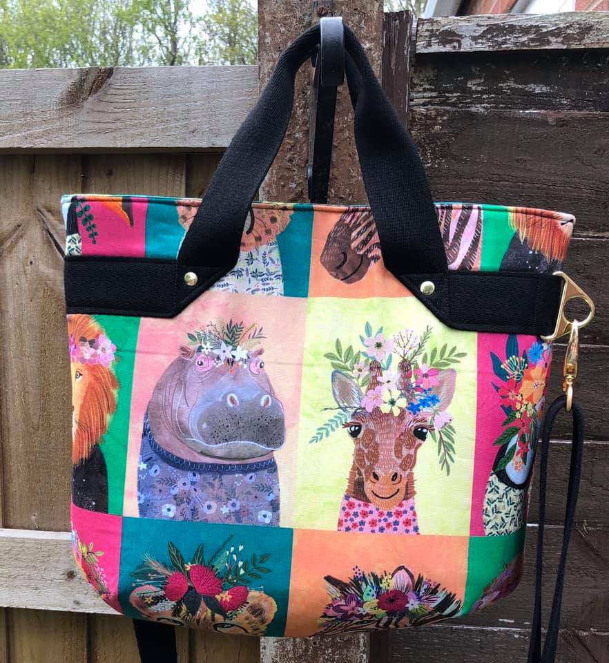 The Fiesta Tote PDF sewing Pattern Funky animal fabric