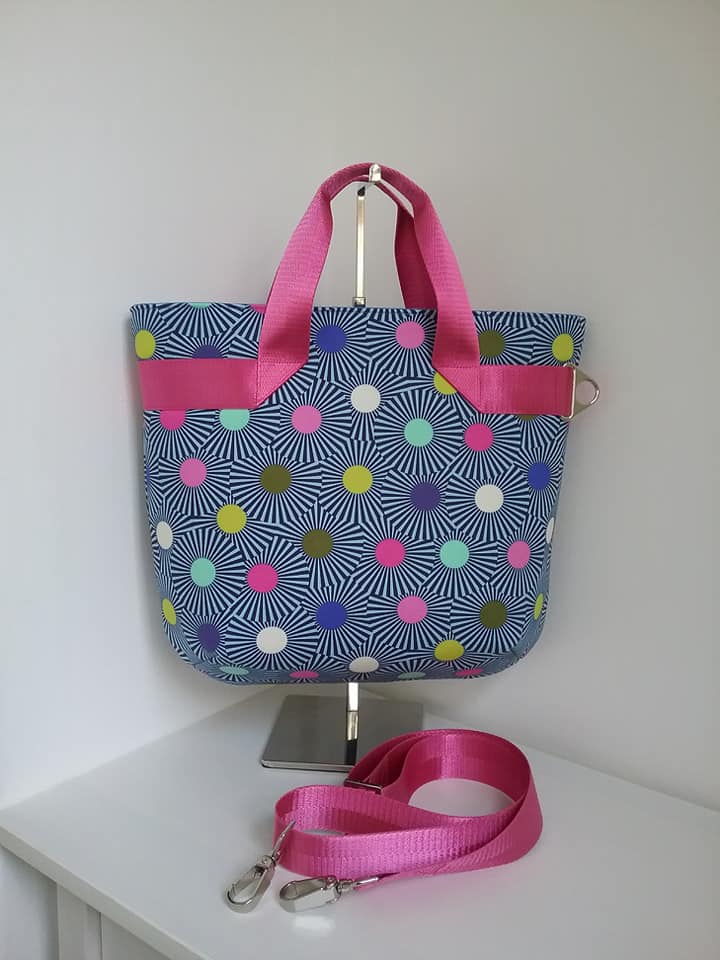 The Fiesta Tote PDF sewing Pattern Spotty fabric with pink detail strap 