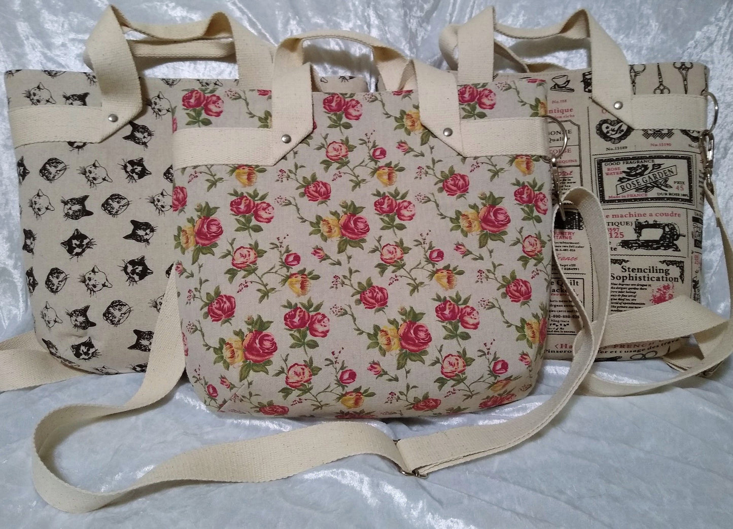 The Fiesta Tote PDF sewing Pattern 3 different fabric designs 