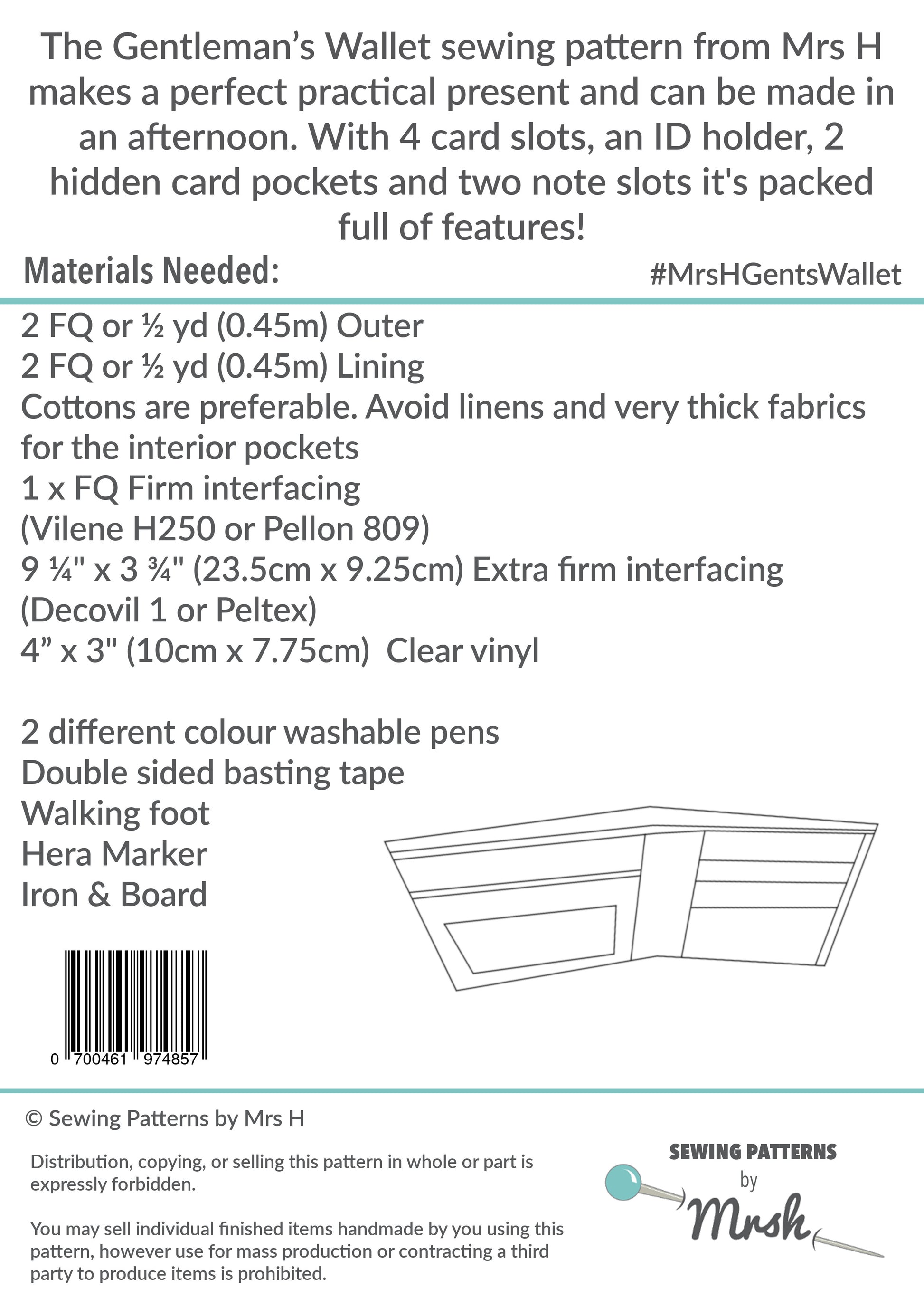 The Gentleman's Wallet sewing pattern by Mrs H rear cover