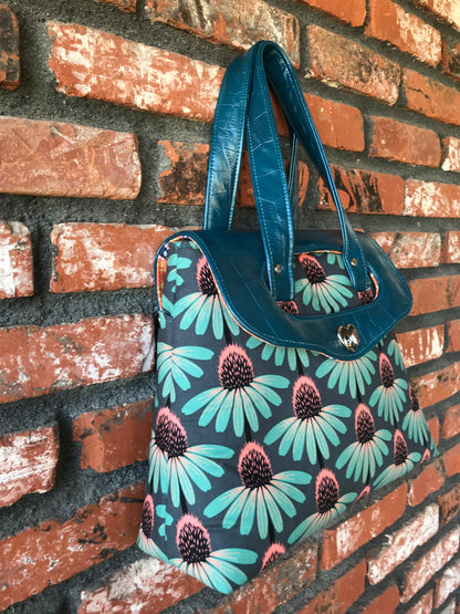 The Holey Mayole PDF Sewing Pattern Daisy print fabric with blue contrast details 