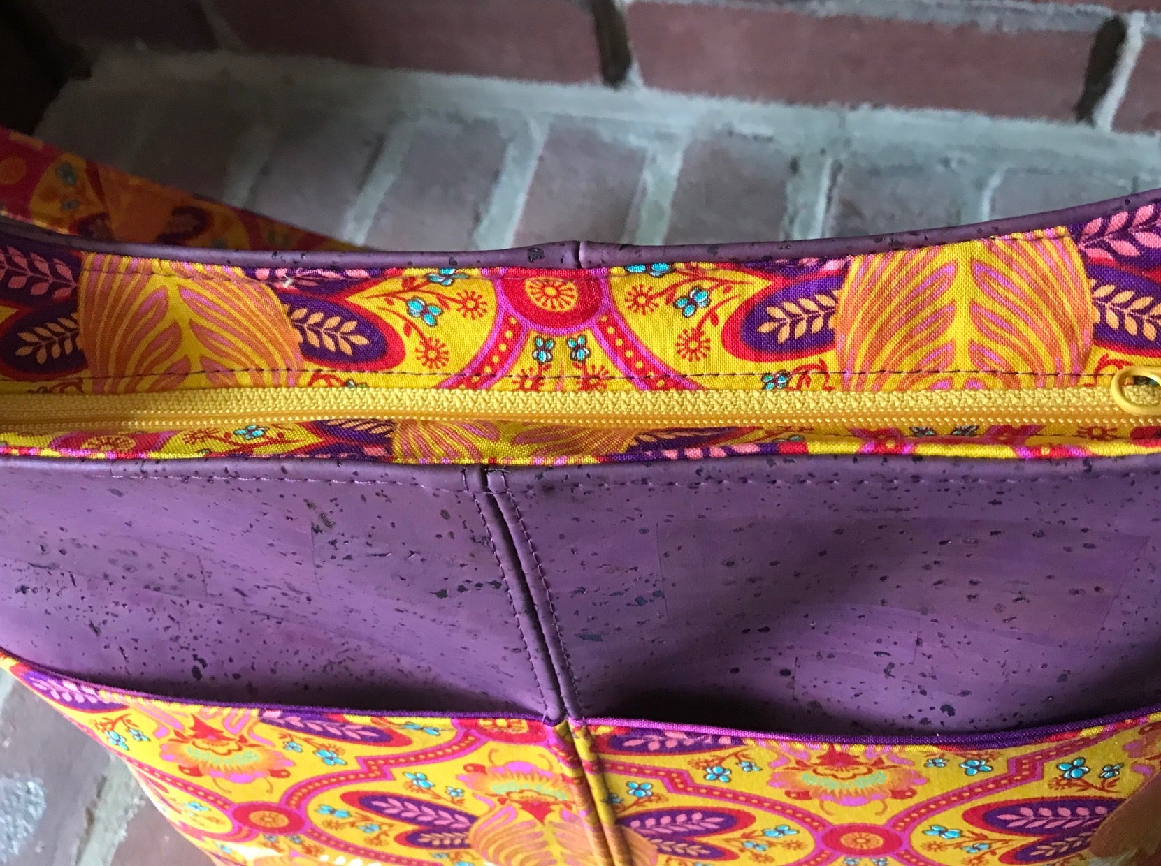 The Ring Sling PDF Bag Sewing Pattern geometric yellow and purple fabric 